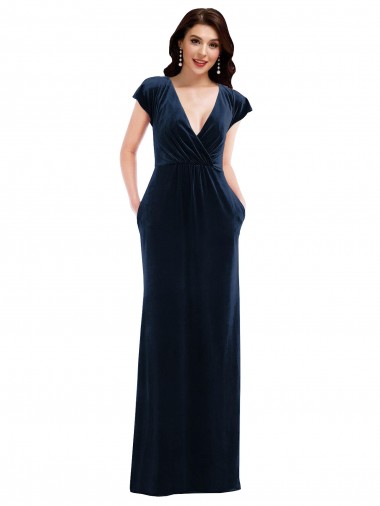 Affordable Flutter Sleeve Wrap Bodice Velvet Maxi Prom Dress with Pockets Canada