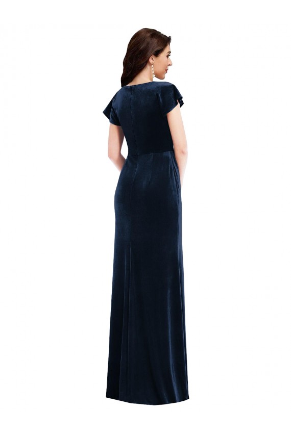 Affordable Flutter Sleeve Wrap Bodice Velvet Maxi Prom Dress with Pockets Canada