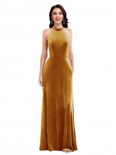 Affordable High-Neck Halter Velvet Maxi Prom Dress with Front Slit Canada