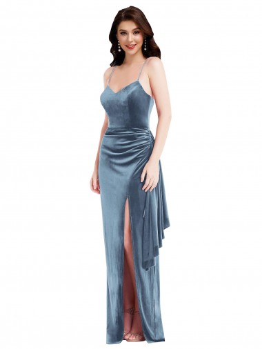 Affordable Spaghetti Strap Velvet Maxi Prom Dress with Draped Skirt Canada