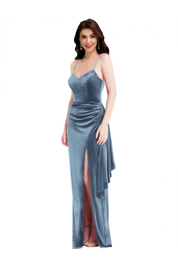 Affordable Spaghetti Strap Velvet Maxi Prom Dress with Draped Skirt Canada