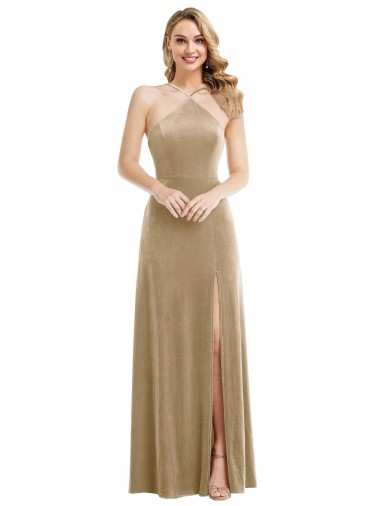 Affordable High Neck Halter Open Back Long Velvet Maxi Prom Dress with Pockets Canada