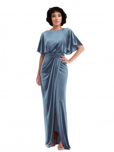 Affordable Flutter Sleeve Open Back Velvet Maxi Prom Dress with Pockets & Draped Wrap Skirt Canada