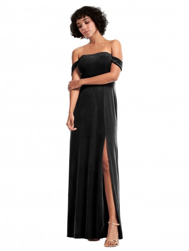 Affordable Off the Shoulder Drapped Sleeves Stretch Velvet Prom Dress Canada