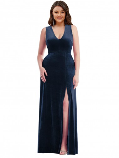 Affordable Deep V-Neck Sleeveless Velvet Maxi Prom Dress with Pockets Canada