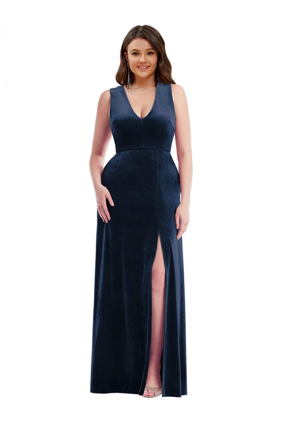 Affordable Deep V-Neck Sleeveless Velvet Maxi Prom Dress with Pockets Canada