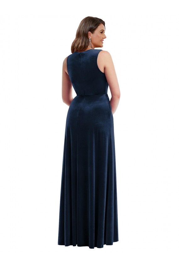 Affordable Deep V-Neck Sleeveless Velvet Maxi Prom Dress with Pockets Canada