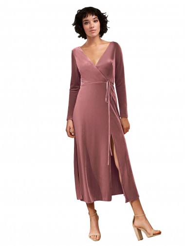 Affordable Long Sleeve Velvet Faux Wrap Midi Length Prom Dress Canada