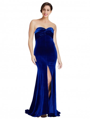 Affordable Strapless Ruched Velvet Prom Dress with Sweep Train and Front Slit Canada