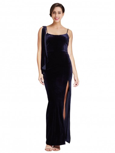 Affordable Long Velvet Prom Dress with Side Thigh Split and Shoulder Tie Canada