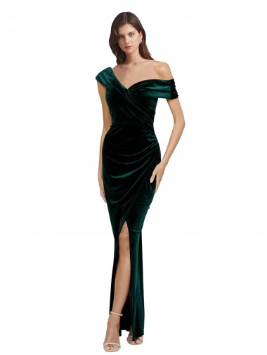 Affordable Long Asymmetric Neckline Ruched Velvet Prom Dress Canada